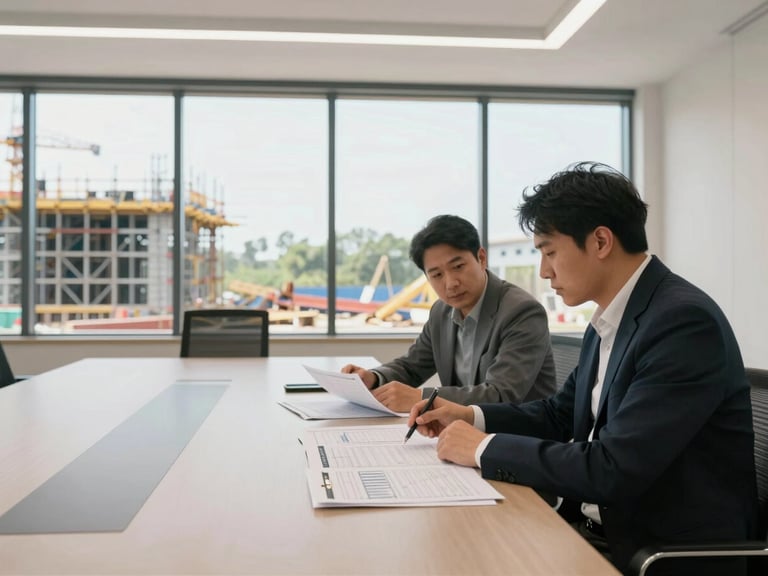 Wide shot from the right side of a construction site meeting room, two figures in concentration reviewing cost schedule documents spread across a table, daylight through large windows, clean and even lighting, structural steelwork visible through the glass in the background