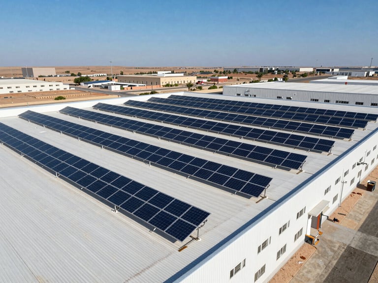 Wide aerial drone view of a massive industrial solar panel installation on a clean white factory roof under intense Moroccan sunlight, sharp shadows, deep blue sky.