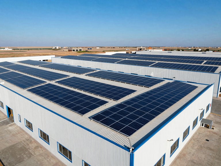 Wide-angle drone shot of a modern industrial warehouse in Morocco, roof completely covered with high-efficiency solar panels reflecting intense blue sky, sharp clean shadows, high-contrast industrial lighting.