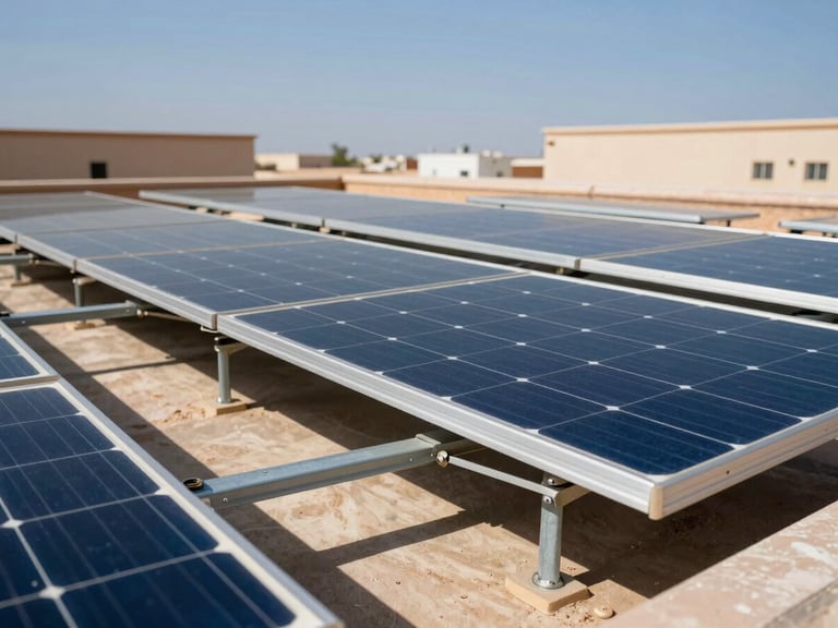 Close-up of high-quality solar panel installation on a Moroccan industrial rooftop, bright sunlight, sharp metallic brackets, blue sky
