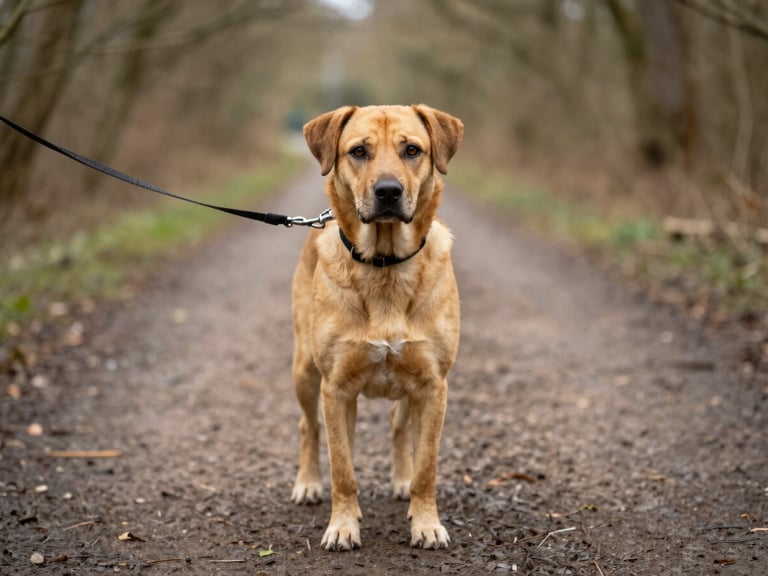 Candid eye-level shot of a medium-sized dog (e.g., Labrador mix) on a leash, looking forward on a wooded path in Radcliffe on Trent, soft overcast daylight, shallow depth of field.