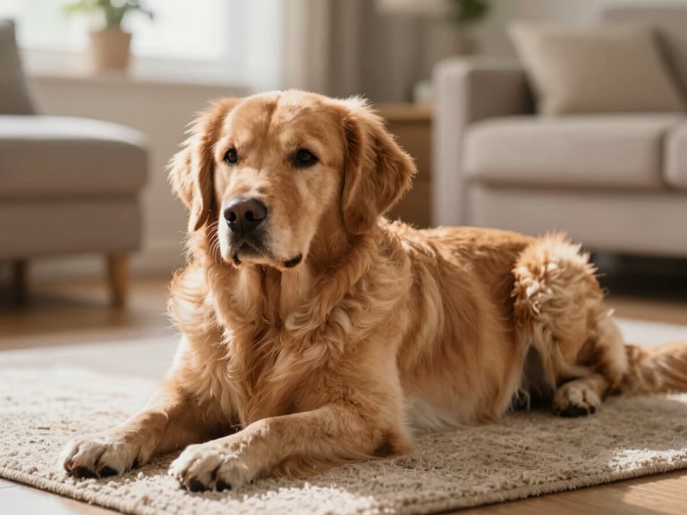 Calm golden retriever lying on a rug in a cozy, sunlit living room, natural soft light, shallow depth of field, feeling of home.