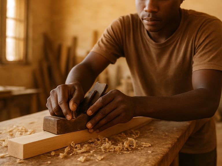 Hands of a young adult learning carpentry in a bright, naturally lit workshop in Baidoa, wood shavings on the table, warm earth tones, dignified documentary style