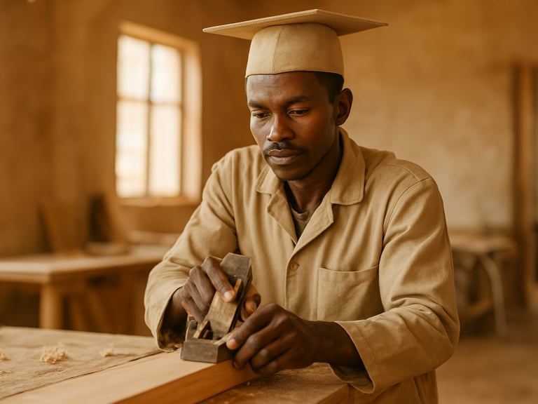 Dignified documentary portrait of a carpentry graduate working with wood in a bright, naturally lit workshop in Baidoa, warm earth tones, shallow depth of field.