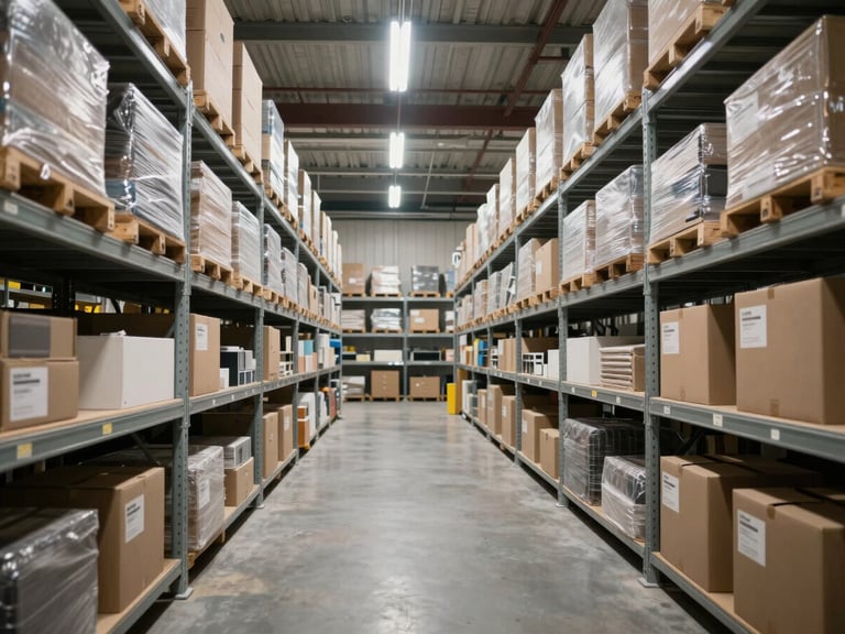 Wide shot of a climate-controlled storage facility interior, floor-to-ceiling metal shelving units lined with clearly labeled boxes and wrapped furniture, even overhead fluorescent lighting revealing the organized grid of the space, no people, practical and orderly