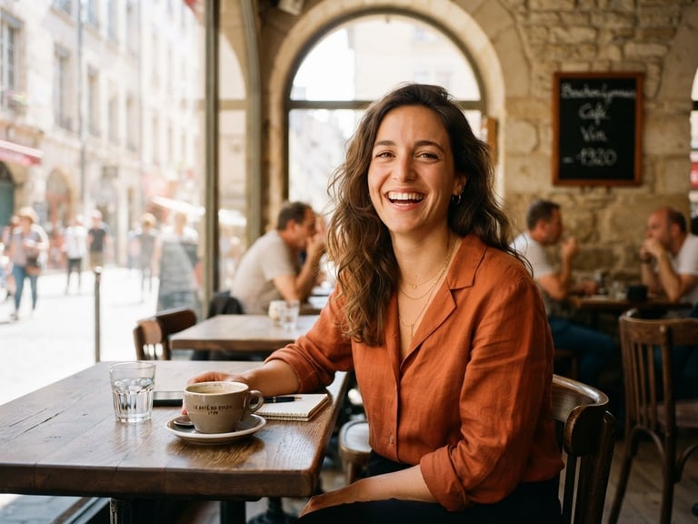 Bright editorial portrait of a smiling French professional in a sunlit Lyon cafe, natural daylight, warm tones, 35mm lens