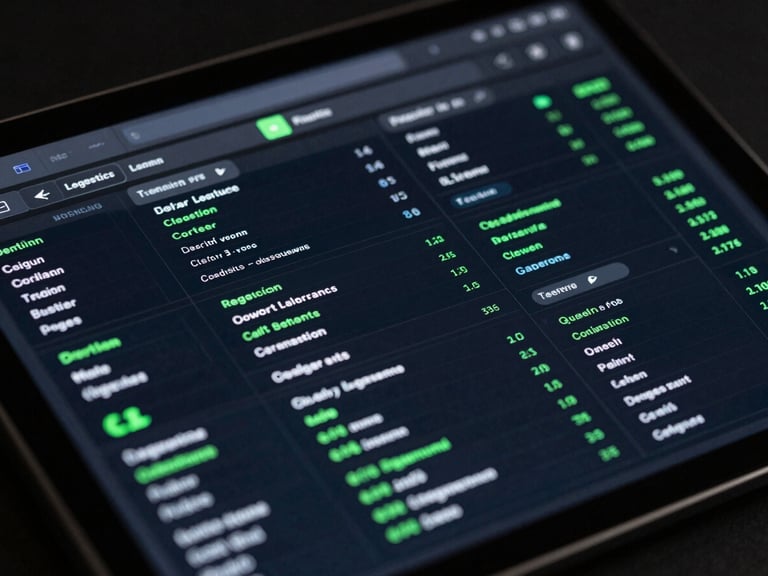 Close-up of a tablet displaying a complex logistics dashboard with real-time data, subtle neon green highlights, high-contrast studio lighting, deep obsidian tones, macro lens