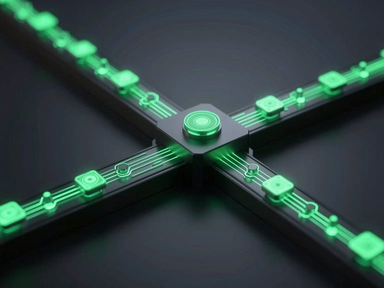 Abstract 3D render of a secure data pipeline with glowing electric-green nodes, dark, high-contrast atmospheric lighting, geometric composition.