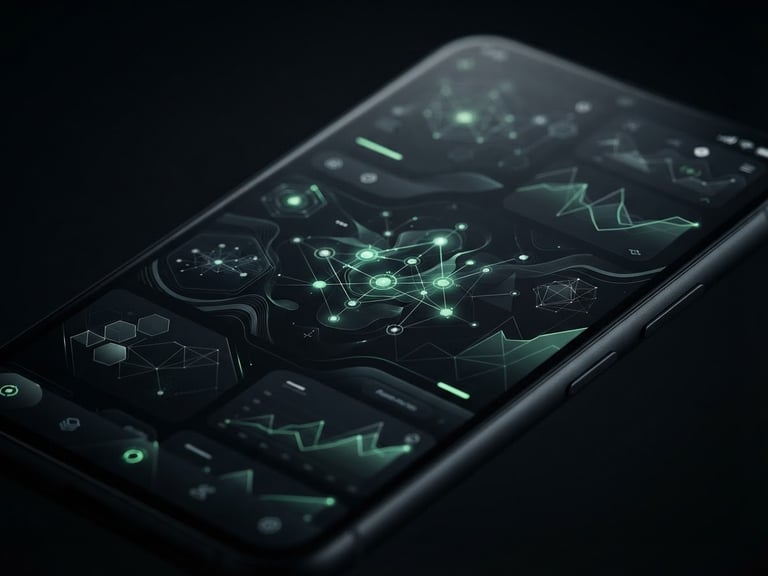 Macro shot of a high-end Android smartphone displaying a fluid, high-frame-rate user interface with subtle electric-green accents, low-key studio lighting, geometric composition, dark obsidian background.