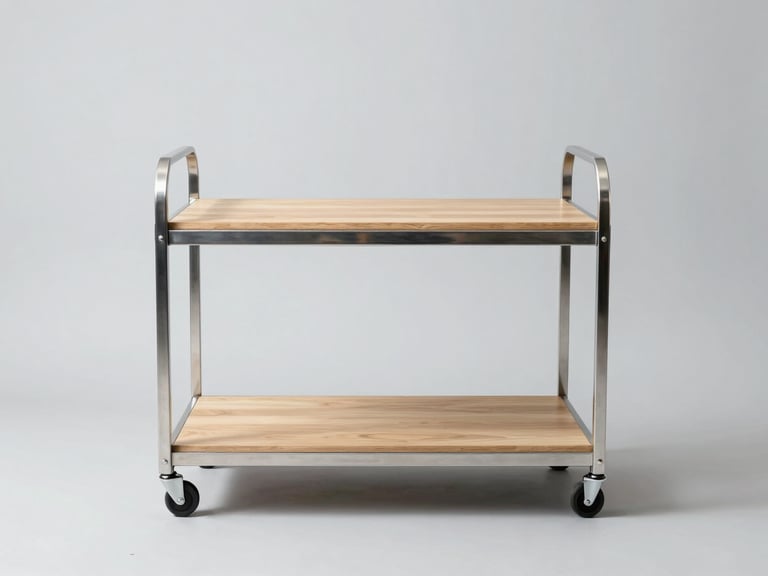 Straight-on studio shot of a premium steel and oak retail display trolley, bright natural studio lighting, clean light gray background