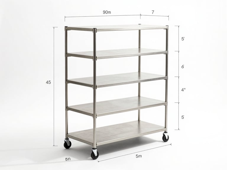 Technical CAD blueprint of a multi-tier retail display trolley, clean white background, precise dimension lines, architectural style