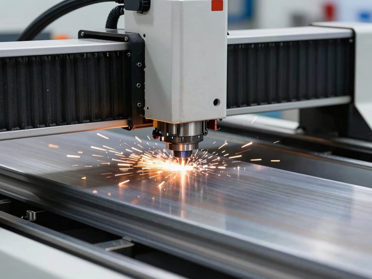 Close-up of a high-power CNC fiber laser cutter cutting thick industrial steel, bright sparks, sharp focus, clean industrial setting