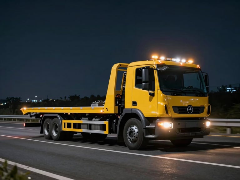 A modern flatbed tow truck driving on a clean highway with safety lights flashing, sharp commercial photography, dramatic lighting