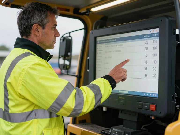 Close-up of a professional tow truck driver in high-visibility safety gear pointing at a digital dispatch screen with clear pricing, bright daylight
