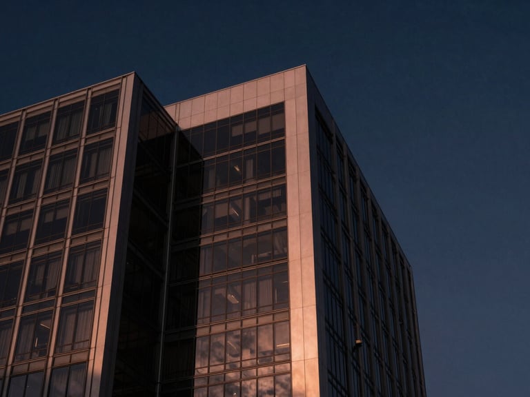 Architectural detail of a modern corporate building in Mazatlán, sharp geometric lines, steel and glass reflecting a deep twilight sky, 35mm.