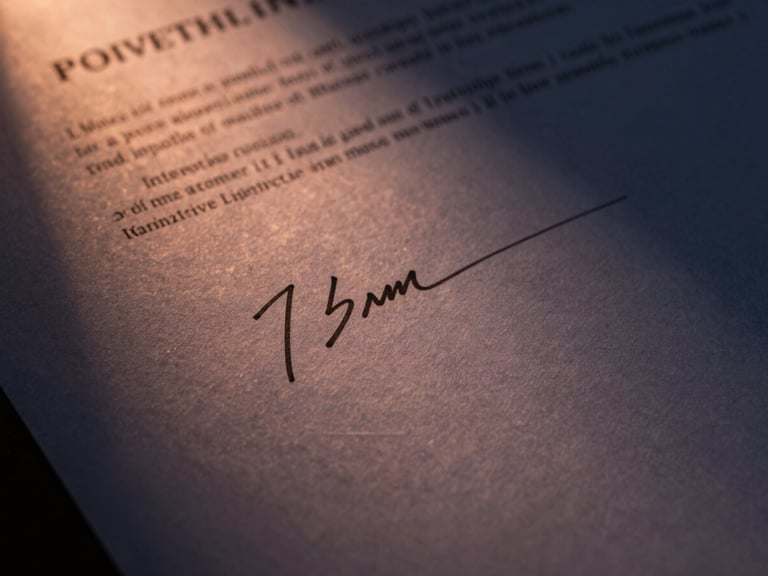 Dramatic side-lit macro shot of signed legal documents on heavy textured paper, warm copper highlights, deep navy shadows, sharp focus, 35mm