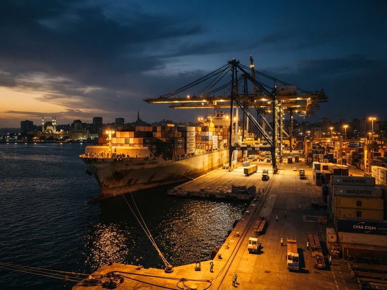 Dramatic twilight shot of a massive container ship docked at Alexandria port, towering cranes loading steel containers, warm gold industrial lights reflecting on dark water, 35mm lens.