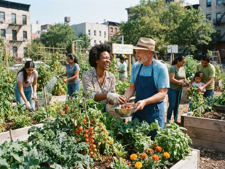 Bright optimistic editorial photography, natural daylight, community-led agricultural project with diverse partners collaborating in an urban garden, 35mm