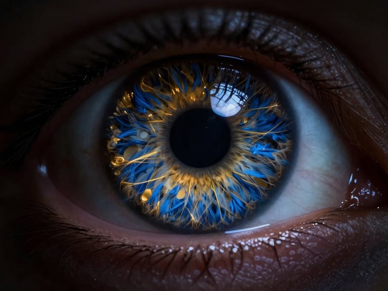 Ultra-sharp macro photography of a human iris, showing golden and deep blue fiber details, high-contrast studio lighting, dark background, gallery quality.