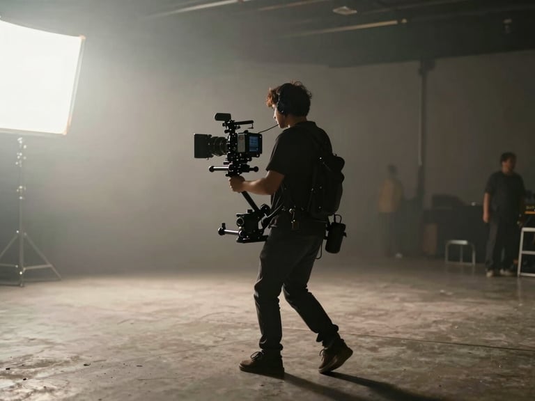 Anamorphic wide shot of a high-end film set, dramatic chiaroscuro lighting, camera operator on a gimbal stabilizer moving through haze.