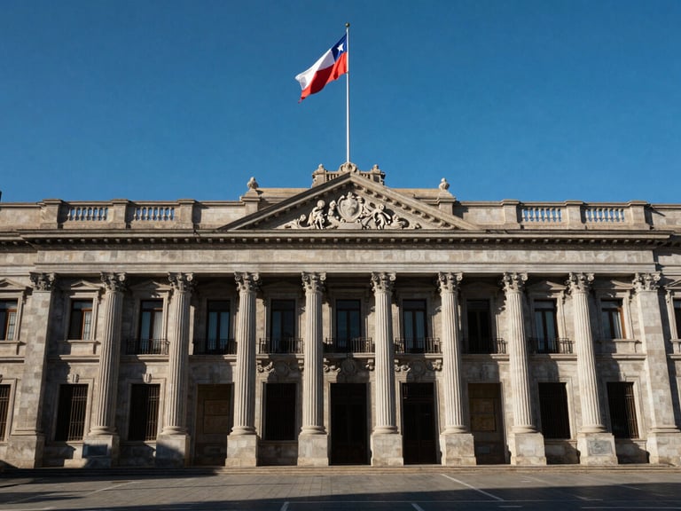 Wide landscape shot of La Moneda presidential palace facade in Santiago, straight-on architectural framing at midday, Chilean flag visible against deep blue sky, clean stone colonnade casting sharp shadows, no tourists in foreground