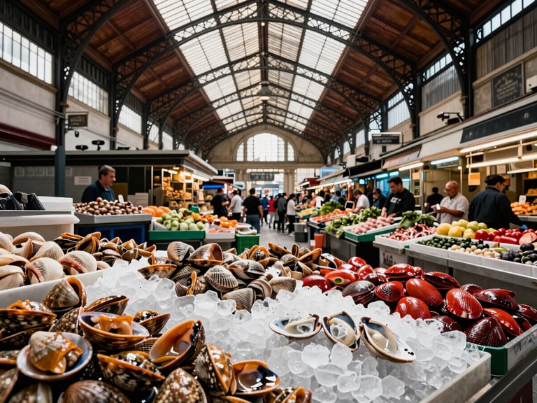 Wide landscape photograph inside Mercado Central Santiago, ornate cast-iron roof structure arching overhead in midday light, stalls of fresh seafood and produce visible in the middle ground, warm amber and red color of shellfish against white ice, no posed figures