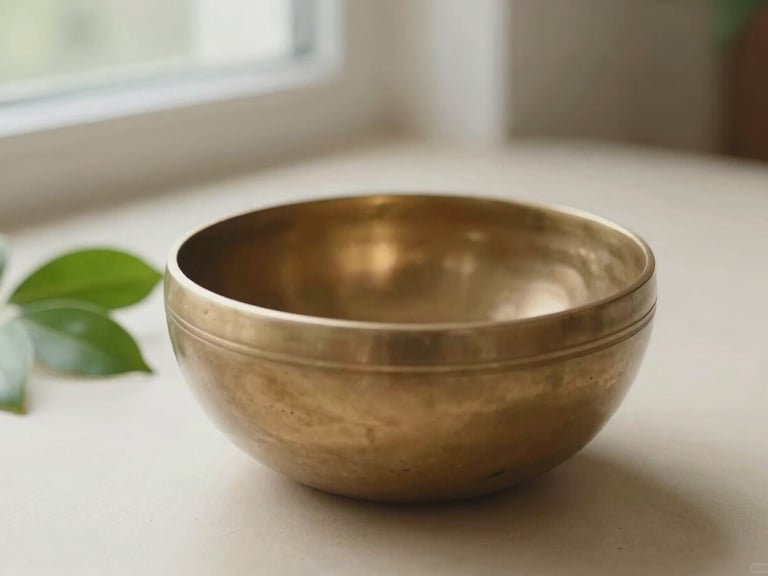 Close-up of a brass sound bowl emitting soft vibrations, surrounded by diffused light and a few green leaves on a warm ivory surface.