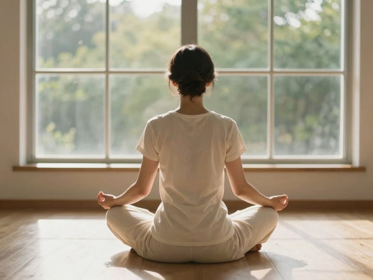 Individual in a gentle, seated meditation pose, back to the camera, bathed in soft golden-hour window light within a peaceful studio.