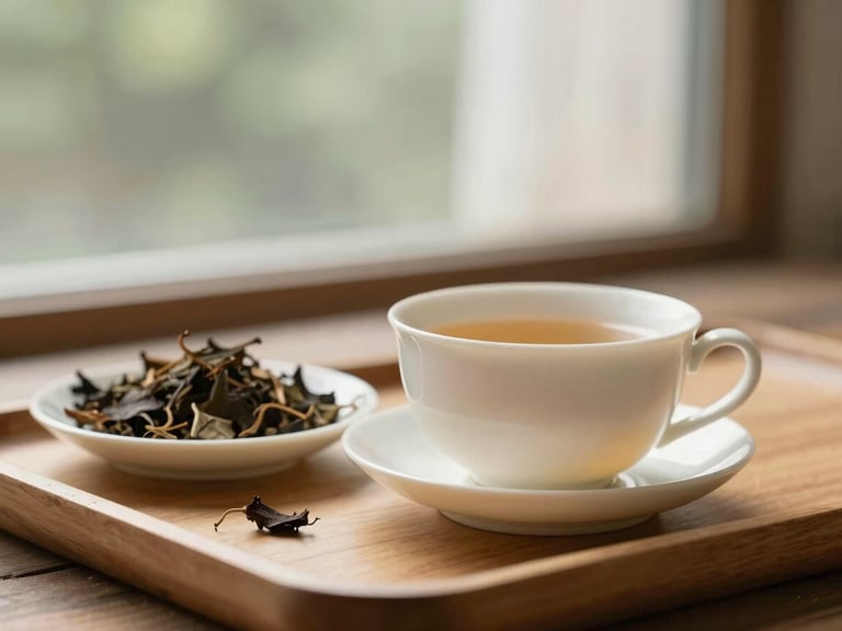 Warm tea service with a ceramic cup and a small plate of natural elements on a wooden tray, soft light, shallow depth of field.