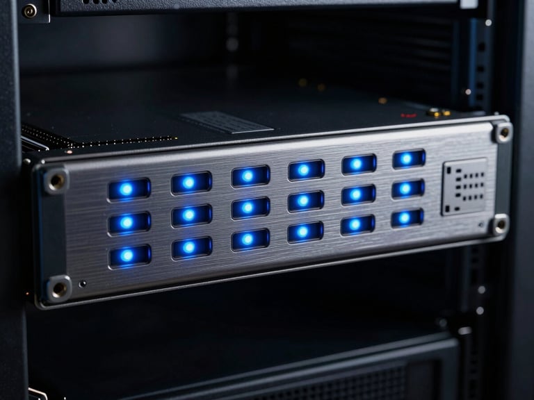 Macro shot of glowing blue LED indicators on a rack-mounted Nvidia server chassis, dark-room studio lighting, brushed metal surfaces, 35mm