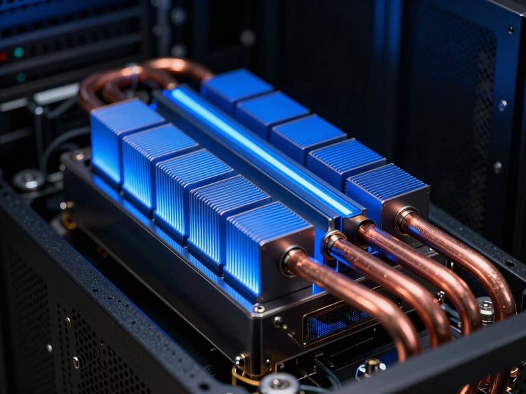 Macro close-up of Nvidia GPU server chassis, glowing blue heat sinks, clean copper pipelines, dark studio lighting, high-contrast technical editorial