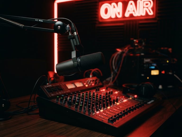 Moody studio photography, dramatic red neon accent lighting, high contrast, professional radio microphone in the foreground with a mixing console blurred in the background, 35mm