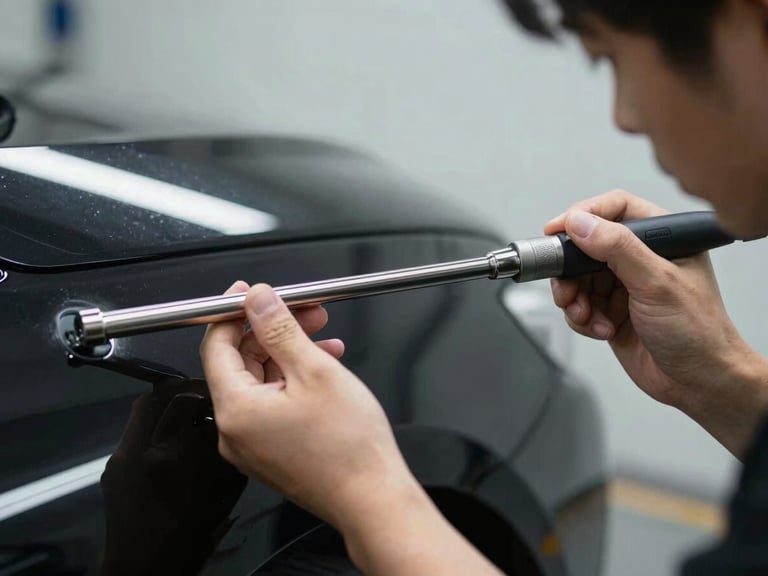 Master technician hand holding a custom-polished steel PDR rod, working on a luxury vehicle panel inside a clean-room workshop in Himeji, linear LED reflection lighting.