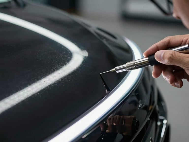 Low-angle close-up of a luxury car panel with sharp LED line-board reflections bending over black metal, a technician's hand holding a polished steel PDR tool, high-contrast lighting.