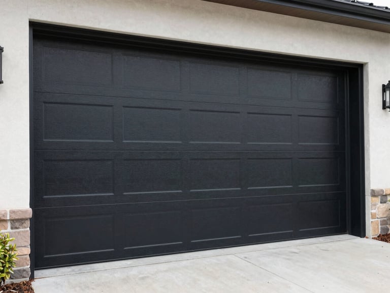 Sharp commercial photography of a modern black garage door installation on a concrete driveway, bright daylight, technical focus