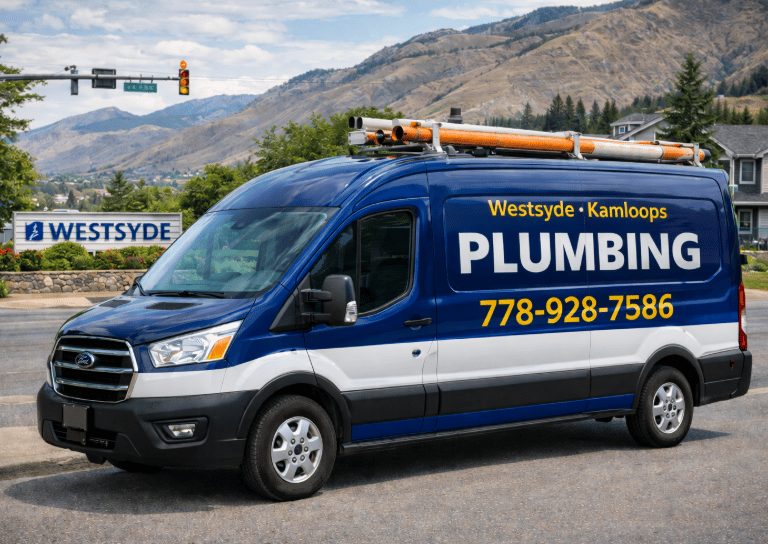 Blue-and-white plumbing van parked in Westsyde, Kamloops, with mountains backdrop.