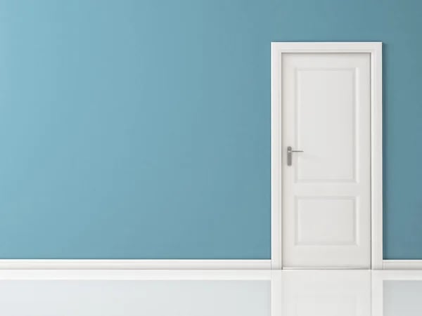 a door with a white door and a blue wall
