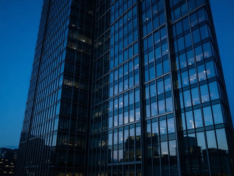 Sleek corporate photography of modern high-rise office windows reflecting a deep blue twilight sky, architectural lines, cool tones.