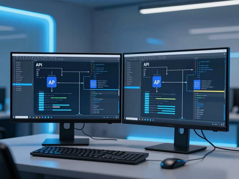 Sleek corporate photography of dual-monitor setup showing complex API data mapping, cool neon blue ambient light, sharp focus, 35mm