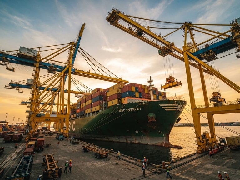 Wide environmental low-angle shot of a large container ship docked at Tanjung Priok port during golden hour, yellow crane arms framing the deep green hull, high-contrast industrial editorial photography, 35mm
