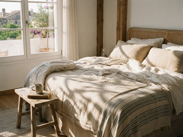 Sun-drenched boutique hotel suite, morning light casting soft window shadows on linen sheets, warm editorial photography, 35mm film aesthetic