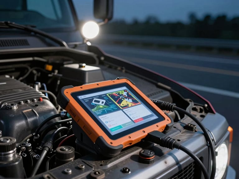 Close-up of a rugged diagnostic tablet plugged into a heavy truck engine bay under harsh service-truck spotlights, night highway background.