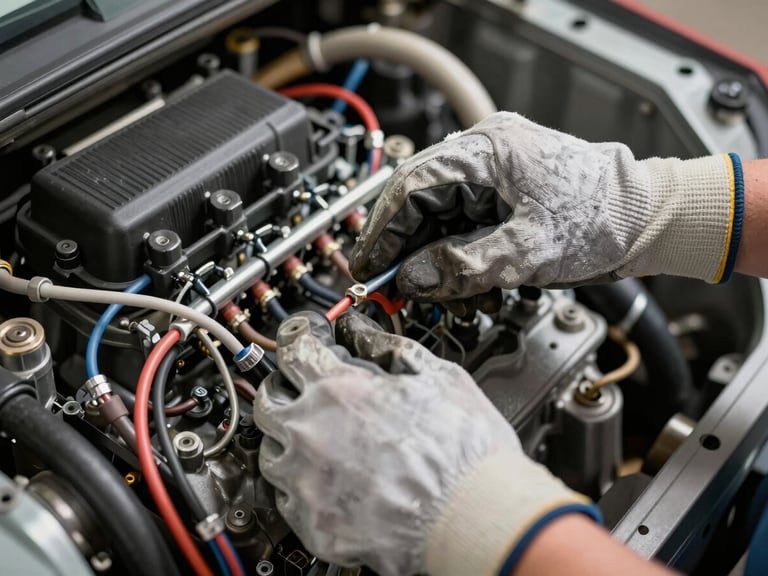 Close-up of hands in heavy-duty work gloves adjusting electrical wiring harnesses inside a complex diesel engine compartment