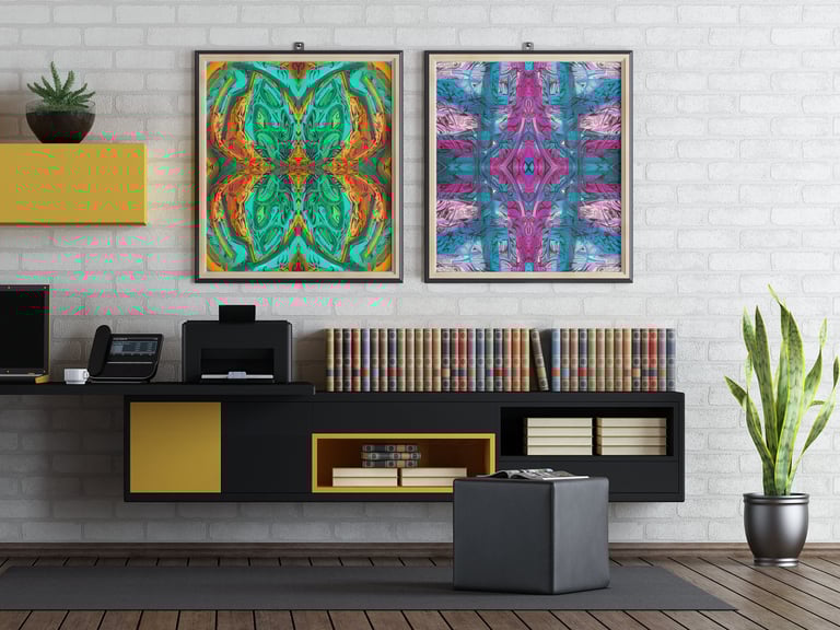 a living room with a large painting of a butterfly
