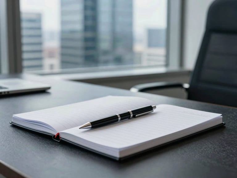 A close-up of a modern executive workspace, architectural office window with cool daylight, a structured notebook and pen on a dark slate table, sharp focus, 35mm.