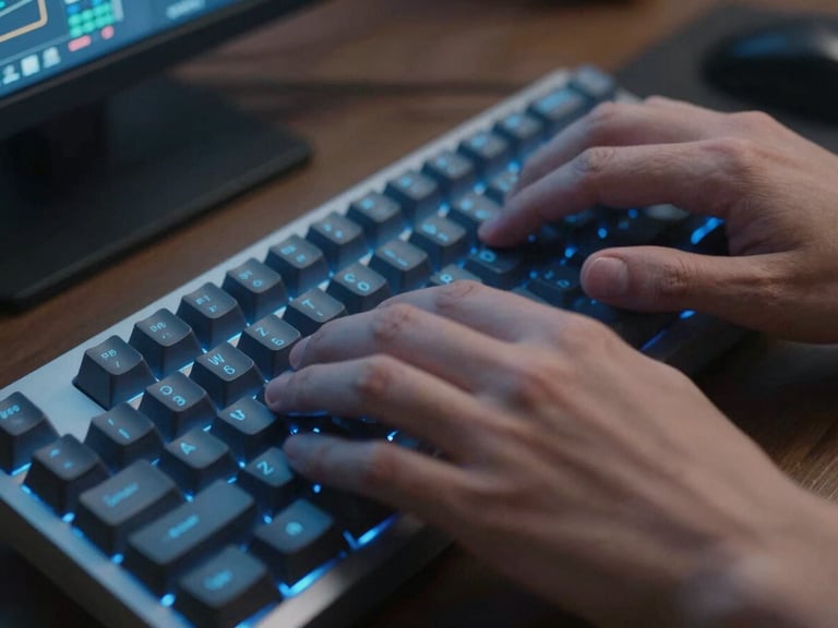 Close-up of hands on a mechanical keyboard, monitor glow casting cool blue light across fingers, dashboard interface visible in soft focus behind, tight framing on the work surface