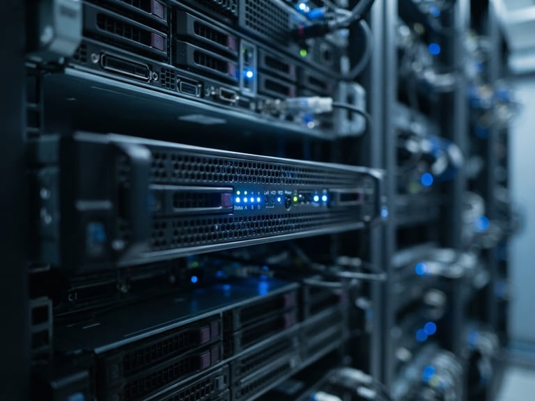 Macro shot of clean server racks with soft blue indicator lights, cool daylight, desaturated slate tones, shallow depth of field, 35mm
