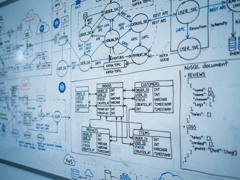 Macro close-up shot of a clean whiteboard architectural diagram with hand-drawn database schemas and cloud-native microservices, soft blue ambient light, shallow depth of field, 35mm editorial photography.