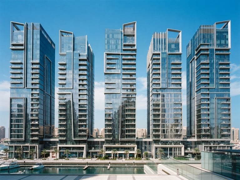 A sharp, straight-on architectural elevation of modern glass towers in Lusail Marina, bright desert daylight reflecting off clean geometric facades, high-contrast luxury photography, 35mm