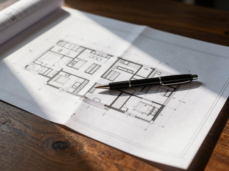 Close-up of blueprints on a dark wood table with a pen, sharp architectural photography, bright afternoon sunlight, high-contrast rich tones.